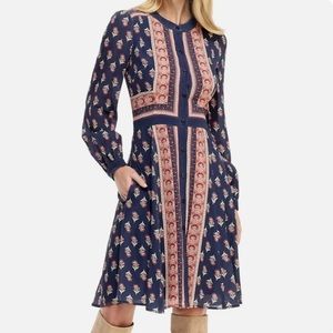 Gal Meets Glam Carlene Woodblock Stripe Button Front Dress Navy Red Size 14